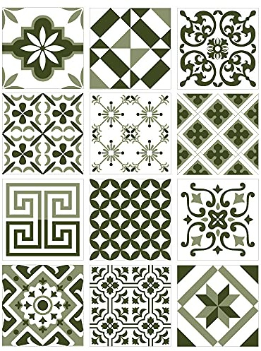| Autocollants Carreaux | Planche de 12 Stickers Carrelage - Carreaux de Ciment - Modèle KAKI - Dimensions d'un Carreau : 20 x 20 cm - Salle de Bains Crédence Meubles ...
