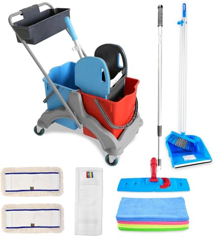 Hypafol Reinigungswagen mit Korb Set 50 cm | 2 x 25 l Eimer mit Wischmopp-Presse und Kehrgarnitur | inkl. 2X 50cm Baumwoll Mopp, 1x Mikrofaser-Mopp | je 3 Mikrofasertücher in rot, gelb, grün, blau
