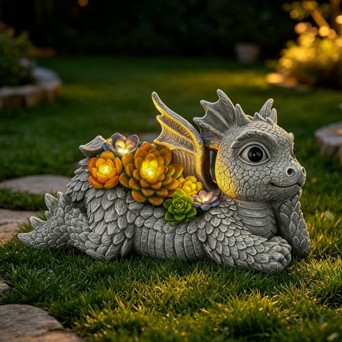 Ovewios Garden Dragon Statue Outdoor Decor, Dragon Garden Sculpture Waterproof Solar LED Lights Resin Succulent Decorations for Outside Lawn Patio Patio Yard Ornament Gifts