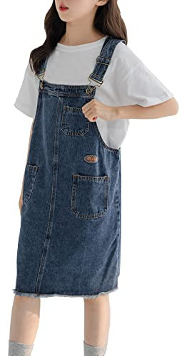Yimutian Salopette Jeans Bambina Gonna Vestito Jeans Ragazza Abito Casual in Jeans Vestito in Denim per Bambini Blu 160
