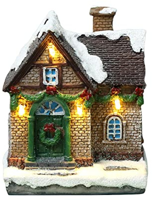 ISAKEN Weihnachtsdorf Set, Weihnachtsdeko LED Harz Häuser 3D Winterdorf Mit Beleuchtung Schnee Miniatur Weihnachten Dekoration Moos Winter Xmas Deko Kinder Geschenke