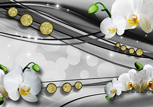 wandmotiv24 Fototapete Diamant weiße Orchidee Grau, 200 x 140cm - selbstklebende Strukturtapete, Wanddeko, Wandbild, Wandtapete, Gelb, Grau, Blumen M1556