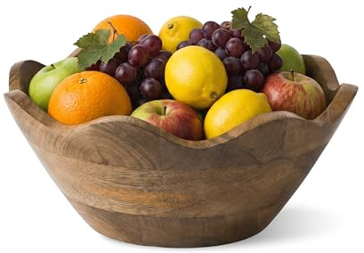 Mela Artisans 10-Inch Mango Wood Scalloped Bowl - Hand-Finished Decorative Serving and Fruit Bowl with Natural Grain for Kitchen Counter, Snacks, Desserts, Bread and Home Decor Centerpiece