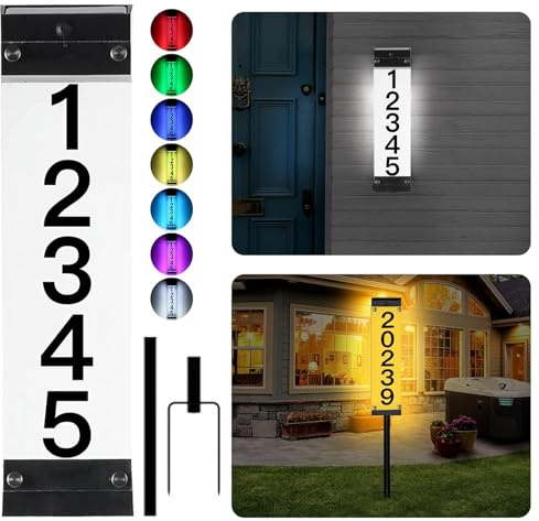 Solhusnummer för utomhus, adressskylt med insatser soldrivna för gården, upplyst husnummerskylt LED vattentäta soladressnummer för utomhushem, gård, gata, butik, garage (RGBW)