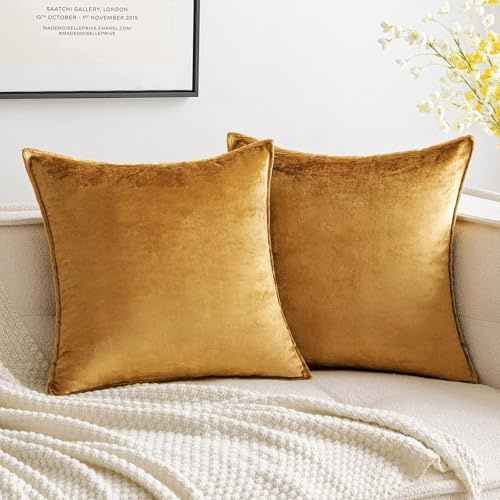 MIULEE 2er Set Samt Kissenbezug Flansch Kissenhülle Dekorative Sofakissen Dekokissen Umwickelte Kante Kissenbezüge Zierkissenbezug für Sofa Wohnzimmer Schlafzimmer 50x50 cm Champagner Golden
