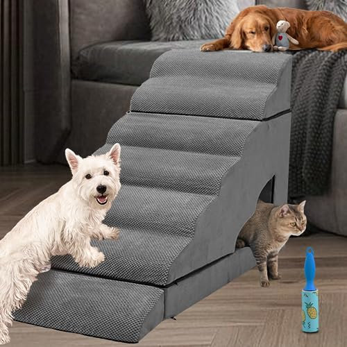 7-stufige Hundetreppe für 81.3 cm-91.4 cm hohe Betten, Haustiertreppe/Stufen mit Abnehmbarem Waschbarem Bezug, rutschfeste Balanced Hunderampen/Leiter für Kleine Alte Hunde/Katzen