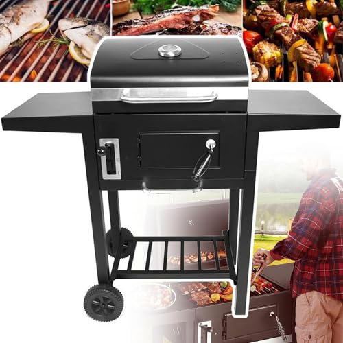 MaxtiL Barbecue à Charbon Portable, Gril de Table rectangulaire avec Roues Mobiles, Surface du Barbecue : 43 x 32 cm, thermomètre à Couvercle + bac de récupération des Cendres Amovible