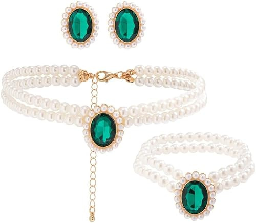 TOFBS 3PCS Perlen Schmuck Damen Smaragd Anhänger Halskette Armband Ohrringe Set Perlen Perlenkette Hochzeit Schmuck für Frau Freundin Braut Mutter Tochter Geschenk