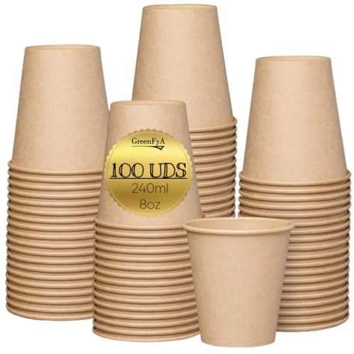 GreenFyA 100 Vasos De Papel 240ml (8oz) Ecológicos Desechables apto Cafe-Agua-Bebidas Calientes-etc