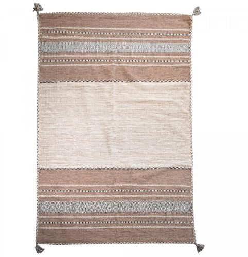 Jadorel Tapis Kilim Salon, 120 X 170 Cm, Coton Naturel, Motif Ethnique Graphique, Beige, Marron, Tissé À La Main en Inde, Franges Décoratives, 12206
