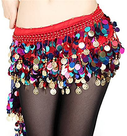 Bauchtanz Gürtel,Münzgürtel Bauchtanz Kleidung Tanzgürtel Taille Kette Hüfte Schal Frauen Mädchen Tanz Bunte Pailletten Chiffon Rock Gold Münze 9 Farben (Color : Red, Size : One Size)