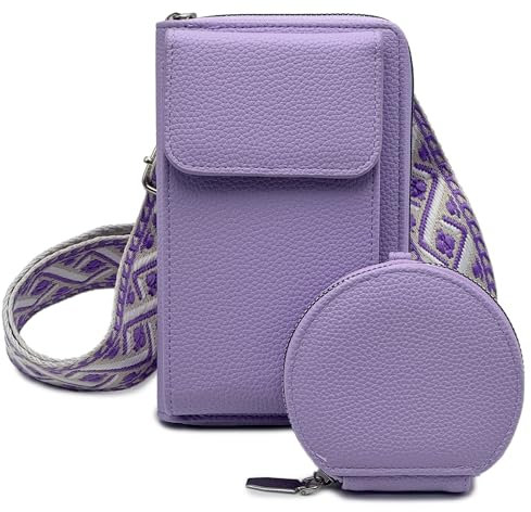 Sunolkie Handytasche zum Umhängen Damen - Kleine Umhängetasche für Damen Stylisch Crossbag Breitem Schultergurt Leder Schultertasche mit Münztasche (Lila)