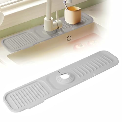 MUCOOS Wasserhahn Spritzschutz, Silikon Wasserhahn Matte, 45 * 10cm, Wasserhahnmatte für Küchenspüle, Wasserhahnschutz & Abtropfmatte, 2024 Verbesserte Wasserhahnmatte für Küchen und Badezimmer, Grau