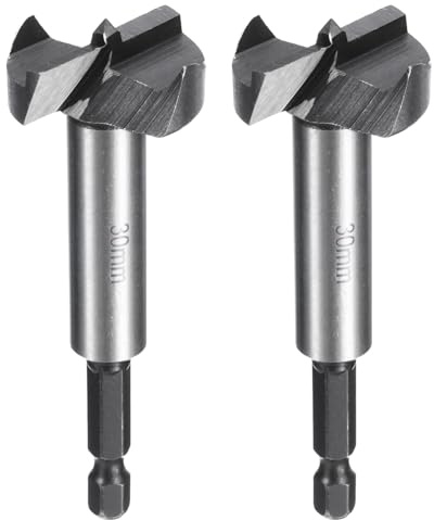 sourcing map 2pcs Forstner Drill Bit 1-3/16(30mm) Carbon Steel Single Tooth Flat Wing Wood Drilling Forstner Bit Hinge Cutter with 1/4 Hex Shank for Hardwood Softwood Plywood Woodworking