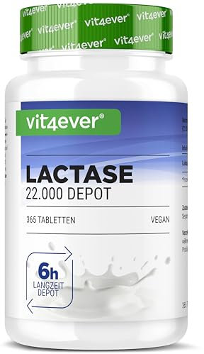 vit4ever Laktase 22.000 Depot - 365 Tabletten mit Depotwirkung (Sepismart® Slow Release) - Hochdosiert mit 22.000 FCC-Einheiten - Bei Laktoseintoleranz + Milchunverträglichkeit - Vegan
