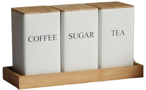 Veesper 3Pcs Tea, Coffee, Sugar Canisters With Tray - Iron Set With Bamboo Lid, Multi-Purpose Storage for Kitchen Countertop Decor, White