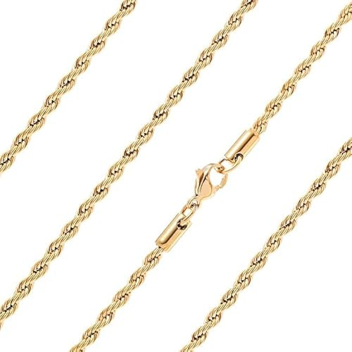 Caijewl Mens Gold Rope Chain | Stainless Steel Gold Plated | Waterproof & Tarnish Resistant | Heavy Jewellery for Men (3mm wide, 18.0 Inches)