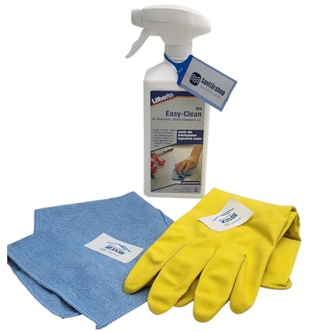 zbs24 Lithofin MN Easy-Clean Sprühflasche, Reiniger für Küchenarbeitsplatten, Tische und den Sanitärbereich, Set mit Handschuhen und praktischem Mikrofasertuch 30x30cm (500ml)