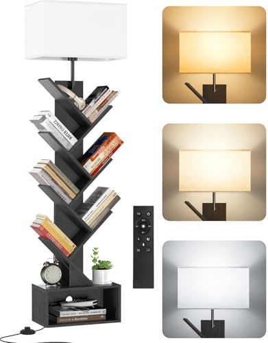 OUTONLIFE Libreria a Forma di Albero in Legno con Luce, Scaffale Autoportante a 6 Ripiani ad Angolo con Telecomando – Libreria Salvaspazio per Libri, CD, per Soggiorno, Studio, Ufficio (Nero)