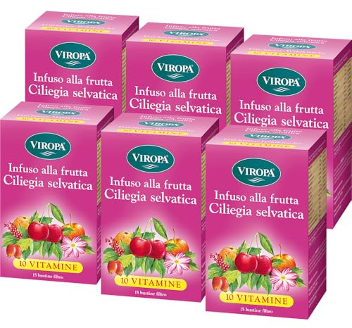 VIRÒPA Infuso Alla Frutta CILIEGIA SELVATICA, Con 10 Vitamine - 6 Confezioni da 15 Filtri