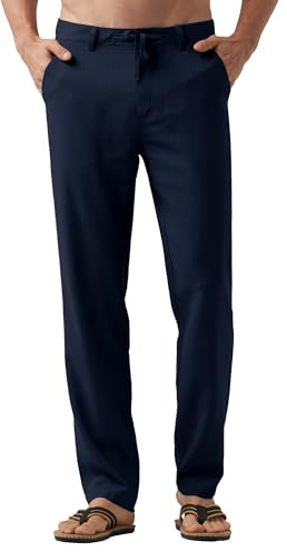 WILLIT Linnebyxor, herr, långa bomullsbyxor, lätta sommarbyxor, män, fritidsbyxor, joggingbyxor med fickor, dragsko för semester, yoga, strand, vardag, Marinblå, 36W