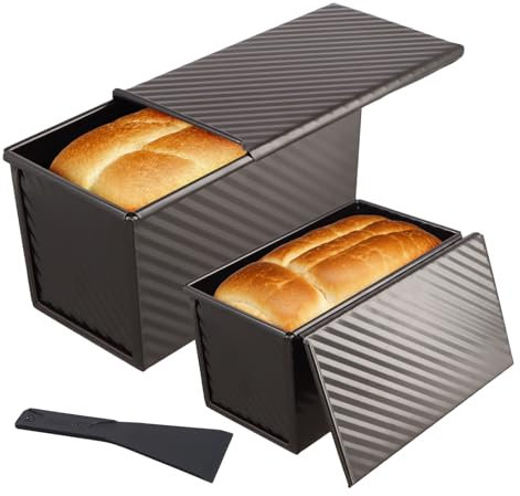 Mapille 2 pezzi Stampo per Pane con Coperchio, Acciaio al carbonio Antiaderente Teglia per pane con fori di ventilazione e raschietto, Resistente al calore fino a 220°C stampo pane, nero