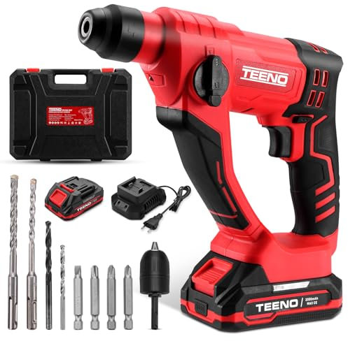 TEENO Martello perforatore senza fili SDS-Plus 20V, Φ14MM in calcestruzzo, 1000 giri/min,Lampada da lavoro a LED con 2 batteries 2.0Ah e 1 caricatore