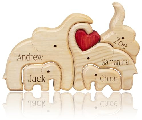 Personalised Wooden Elephant Family Puzzle Custom 2-8 Name Family Animal Jigsaws Beech Home Decorative Gifts for Father's Day Mother's Day Birthday Anniversary Christmas (Elephant)