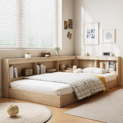 3ft Single Bed Frame with Storage Compartments & Slatted Frame, Household Low Platform Floor Bed for Adults Kids Teenagers, Multifunctional Storage Beds Guest Beds, MDF+Plywood, White Oak, 90x190 cm