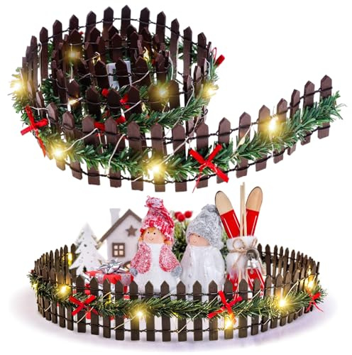 Fancysky Mini Navidad en Miniatura 90 x 5 cm, Valla de Madera con Luces LED para Pueblo Navideño, Decoración para Casa de Muñecas de Jardín, Mini Jardín yValla Manualidades Navideñas DIY
