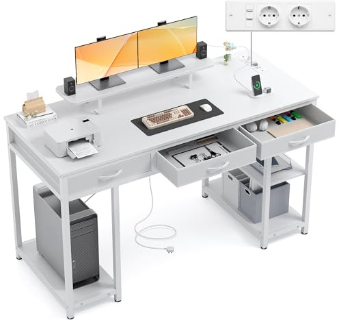 Claiks Computertisch mit 3 Schubladen, 140 x 60 cm Schreibtisch mit Regal, Tisch mit 2 Steckdosen und 2 USB-Ladeanschlüsse, Bürotisch PC-Tisch für Home Office, Wohnzimmer, Weiß