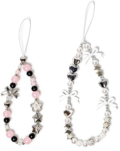 RAORAOYUE 2Pcs Y2K Beaded Phone Bracelet Strap, Phone Beaded Wrist Strap | Y2K Crystal Butterfly Pearl Accessories for Bag Keychain Camera Decor