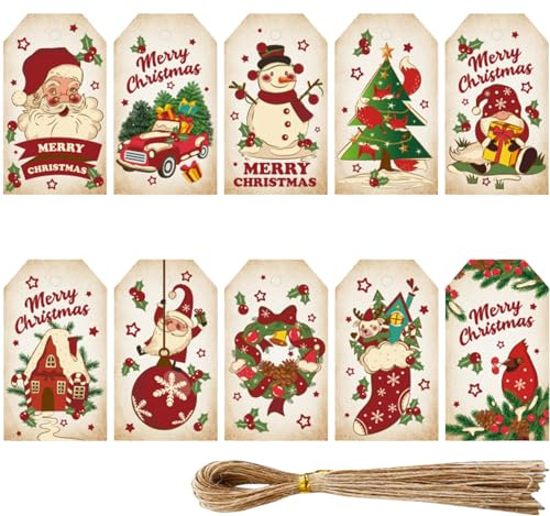 KIMHOME Weihnachtsetiketten, Kraftpapier und weißer Karton, Hängeetiketten mit Jute-Verpackung, für Geburtstage und festliche Verpackungen, 100 Stück