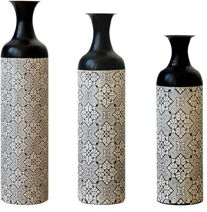 Metall-Bodenvasen 3er Set, hohe dekorative Standvasen 83/65/50 cm für Pampasgras, Trockenblumen und Moderne Wohn-, Flur- und Schlafzimmerdeko, große Vasen mit zeitlosem Design (Schwarz Weiß)
