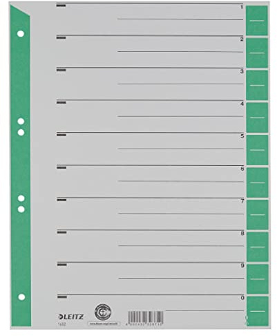Leitz Register für A4, Deckblatt und 10 Trennblätter, Taben individuell zuschneidbar, 100 Stück, Überbreite, Grau/Grün, 100% Recyclingkarton, 16523055