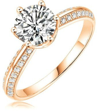 Ayoiow Solitärring mit Pavé-Schaft Vorsteckring Rosegold 585 für Damen mit 1ct Moissanit, Damen Ringe Valentinstag, 14 Karat Roségold Größe 61 (19.4)