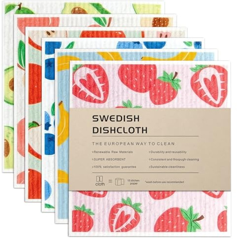 6 Pack Swedish Dishcloths, Reusable Super Absorbent Sponge Cloths, Biodegradable Compostable Eco-Friendly Kitchen Cleaning Cloths for Washing Up & Any Surface