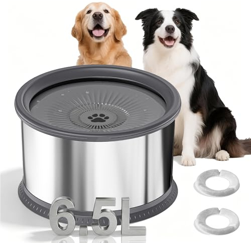 Bostar 6.5L Bebedero Perro Antigoteo Acero Inoxidable con Alfombrilla de Silicona, Cuenco Lenta Antideslizante con Plato Flotante Sellado Integrado/Filtro de Repuesto para Perro Mediano a Grande