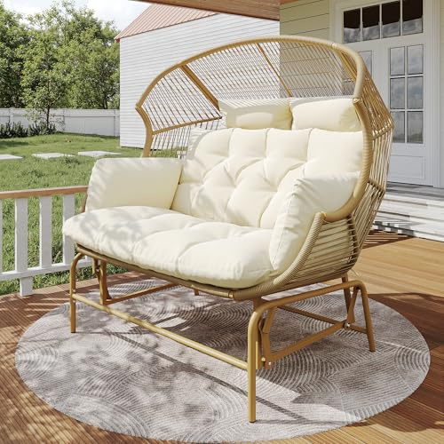 Merax Garten Schaukelstuhl für 2 Personen, PE-Rattan, Holzfarbe, 145x85x143 cm, 31.4 kg, Ei-Form