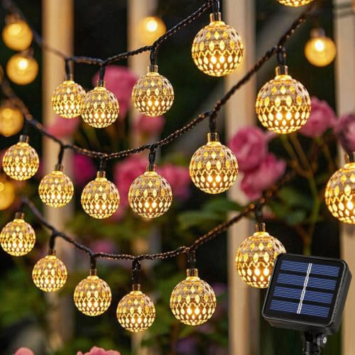 Sathychanpy Cadena de Luces Solares Marroquíes 7M 50 LED, Cadena de luces marroquíes Guirnalda Solar 8 Modos, Luces Exterior Blanco Cálido para Jardín Terraza Patio Fiesta Boda