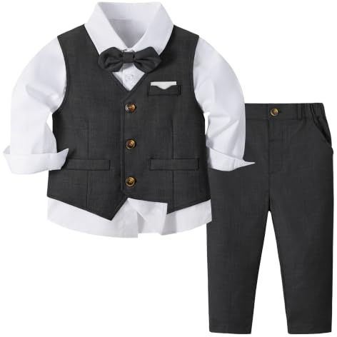 Volunboy Elegant klädset för barn, pojkar, bröllopsceremoni, kostym, 4 delar, långärmad skjorta + fluga + väst + byxor