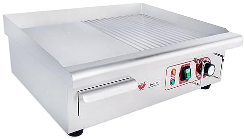 Beeketal Elektro Gastro Grillplatte BGP-IV – 3000 Watt, A3 Carbonstahl Kombifläche 1/2 Glatt 1/2 Gerillt (550 x 365 mm), Edelstahlgehäuse, Thermostat 50–300°C, Fettauffangbehälter