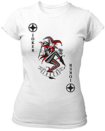clothinx Damen T-Shirt Fit Karneval & Fasching Spielkarte Joker Kostüm Weiß/Schwarz_Rot Größe M