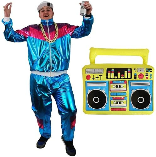 Costume de coquillage pour déguisement des années 80/90 avec blaster Ghetto Inclus : veste zippée bleue brillante + pantalon assorti avec poches + boombox des années 80 Taille XXL