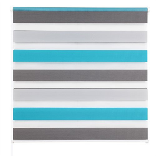 Laneetal Doppelrollo ohne Bohren Klemmfix, Duo Rollo Seitenzugrollo mit Klämmträgern, Sicht und Sonnenschutz für Fenster Tür Wand, lichtdurchlässig u. Verdunkelnd (Weiß+Grau+Türkis, 60 x 150 cm)