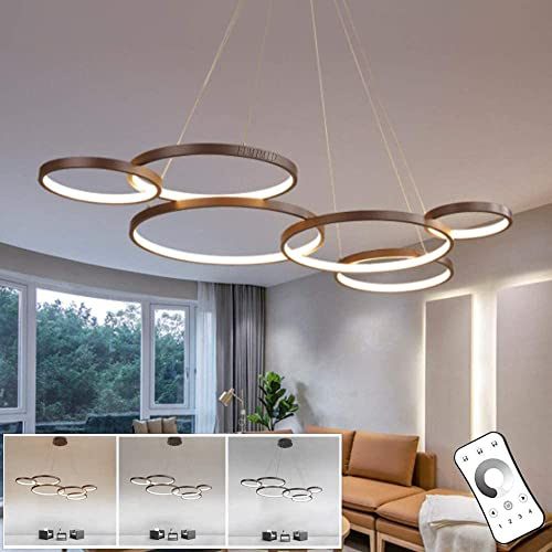 LED Pendelleuchte Moderne Wohnzimmerlampe Dimmbar Mit Fernbedienung Ringe Hängeleuchte Höhenverstellbar Esszimmer Schlafzimmer Büro Kronleuchter Braun