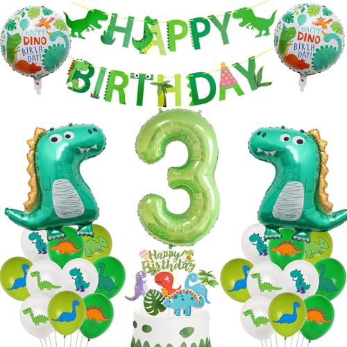 Dino Geburtstag Deko 3 Jahre, Folienballon Dinosaurier mit Happy Birthday Girlande, dinosaurier Geburtstagsdeko 3 Jahre Junge,Dino 3. Geburtstag Party Deko, 3 Kindergeburtstag