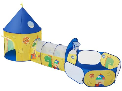 SONGMICS 3-in-1 Kids Play Tent, Tunnel, Ball Pit Playground, for Boys, Girls and Toddlers, Children's Pop-Up Rocket Tent, Indoor or Outdoor Use, Gift Idea, Birthday Party, Yellow and Blue LPT702Y01