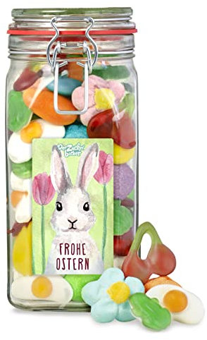 Der Zuckerbäcker Frohe Ostern Süßigkeitenglas – bunter Süßigkeiten-Mix im hochwertigen Geschenk-Glas für Ostern