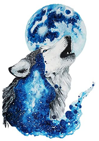 Realistische 3D Auto Aufkleber, 2 Stück Tier Lustige Cartoon Dekorativer Selbstklebend Anti-Kratzer Motorhaube Karosserie Car Sticker, Mond Wolf